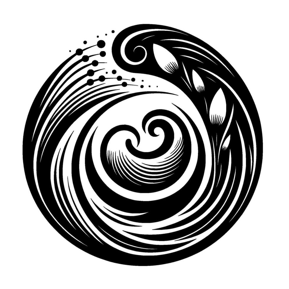 Abstract Black and White Floral Swirl , Circular Composition with Spiraling Forms, Budding Elements, and Delicate Details. vector