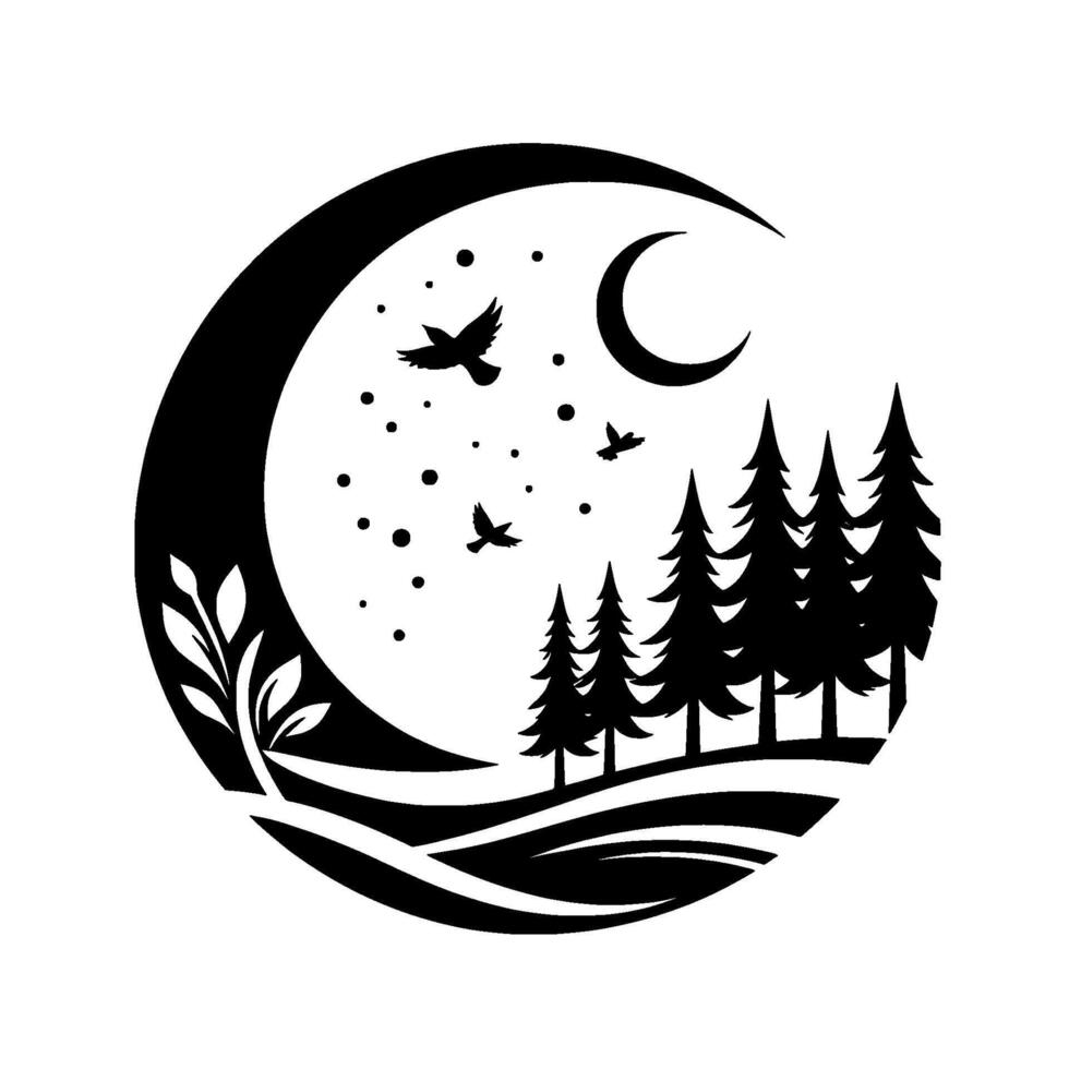 Black and White Nature Scene in Circular Frame Moonlit Forest, Flying Birds, Organic Flora, Starry Night. vector