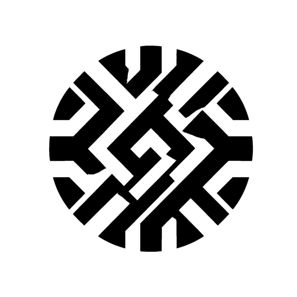 Geometric black and white abstract circular featuring overlapping linear shapes with subtle drop shadows, creating a layered, optical illusion. vector