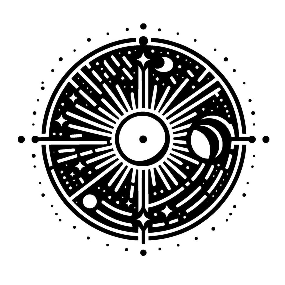 Celestial Mandala A detailed black and white circular featuring the sun, moon phases, stars, and other cosmic elements in a geometric and stylized composition, suggesting astrological themes. vector