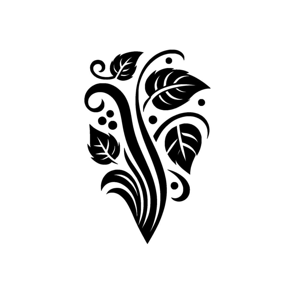 Elegant Black and White Floral Stylized Leaves and Swirls Composed in a Symmetrical Arrangement on White. vector