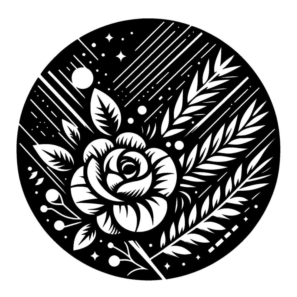 Intricate monochrome floral within a circle featuring a detailed rose, foliage, and celestial elements. vector