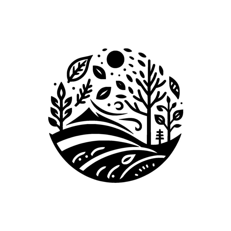 Monochromatic Circular Nature Simplified Landscape with Trees, Hills, Sun, Leaves, Wind, Minimalist on White vector
