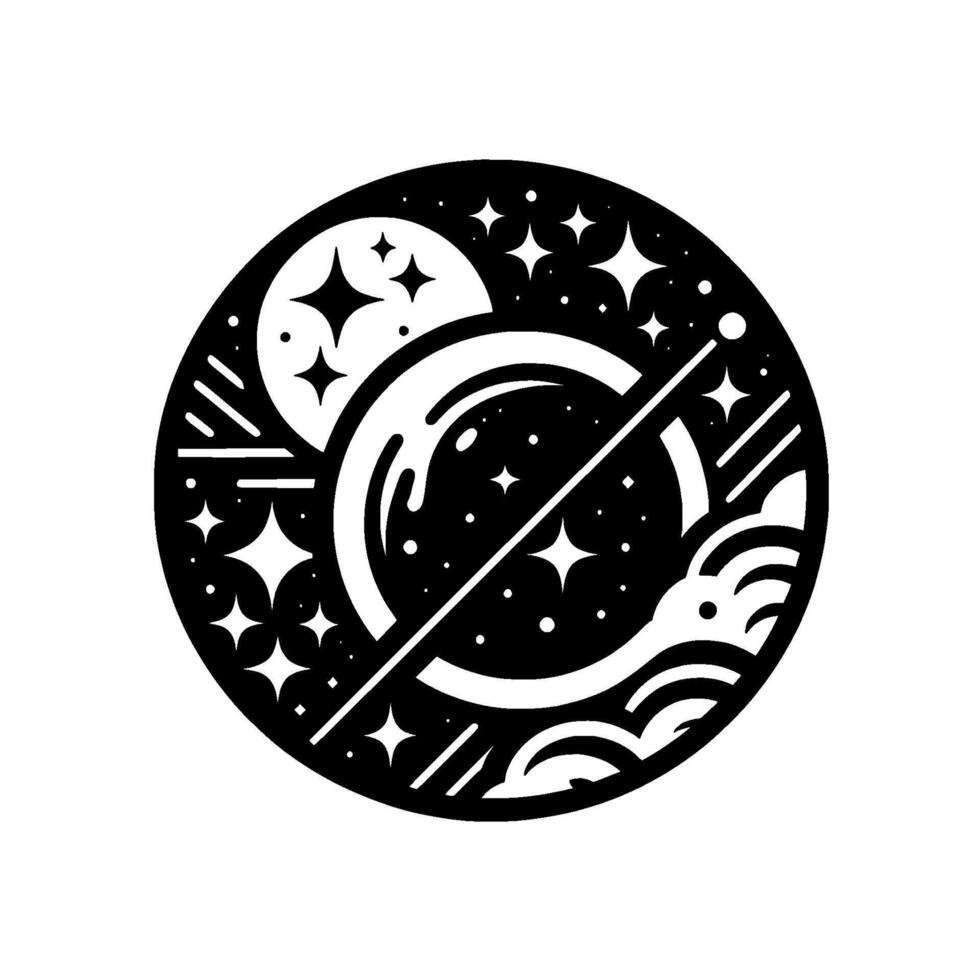 Black and White Cosmic Circular Illustration of Moon, Stars, Planet, and Decorative Elements vector