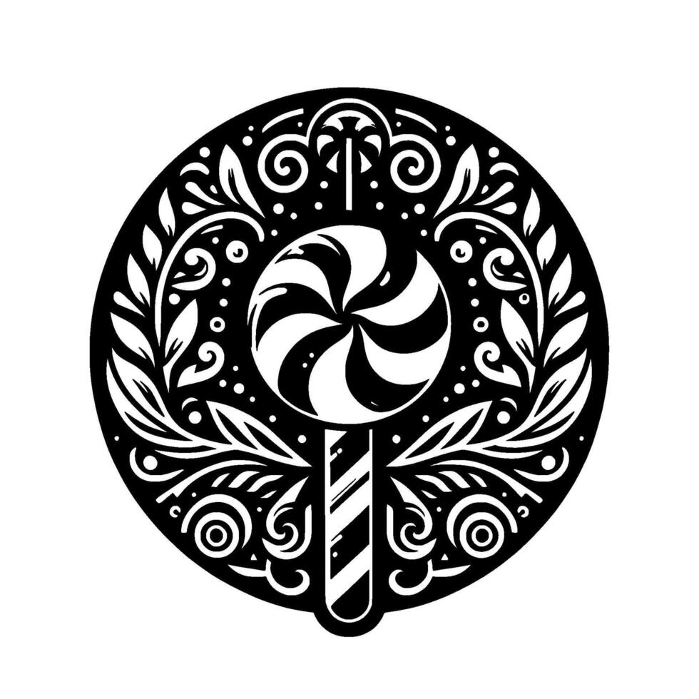 Elegant Black and White Circular Illustration of a Swirl Lollipop Decorated with Floral Vines and Ornate Details. vector