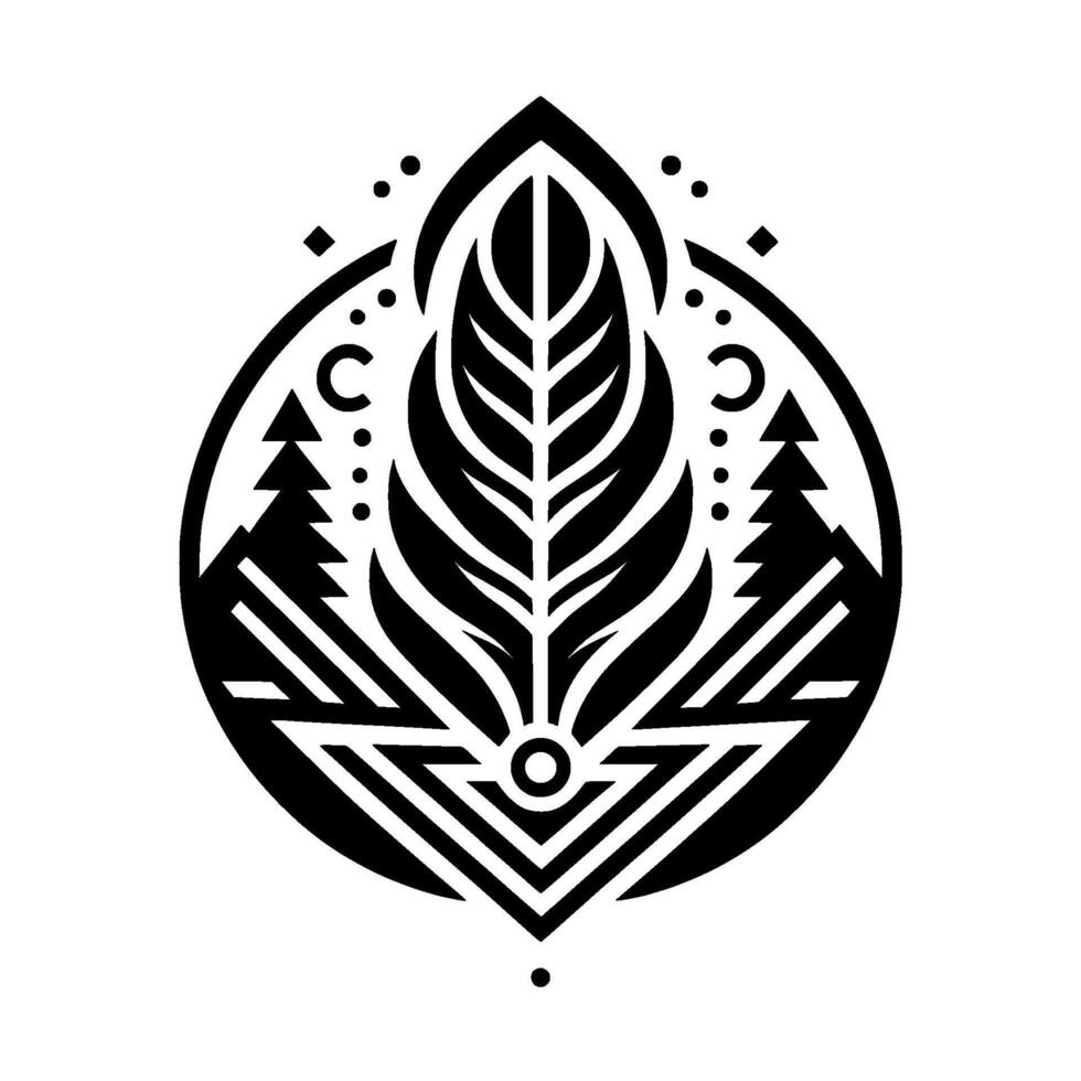 Black and white geometric illustration featuring a central leaf, pine trees, geometric shapes, dots and crescents, arranged within a circular teardroplike composition, suggestive of nature and wilder vector