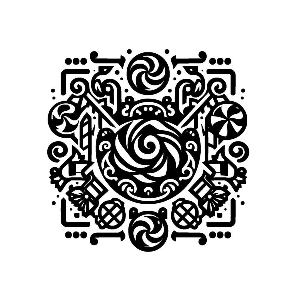 Intricate Black and White Geometric with Swirls, Circles, and Ornate Border Elements. vector