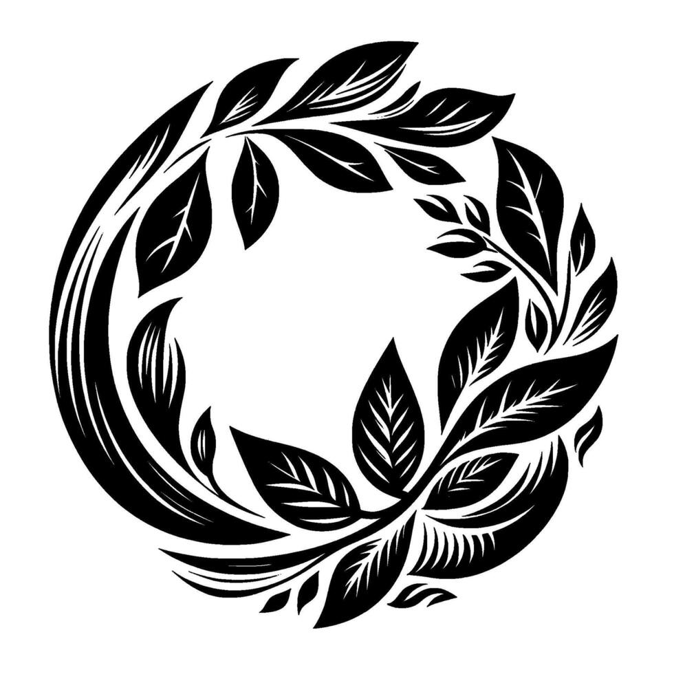 Circular Black and White Leaf Arrangement Botanical Illustration with Detailed Veins Forming an Elegant Decorative Element on a White Background. vector