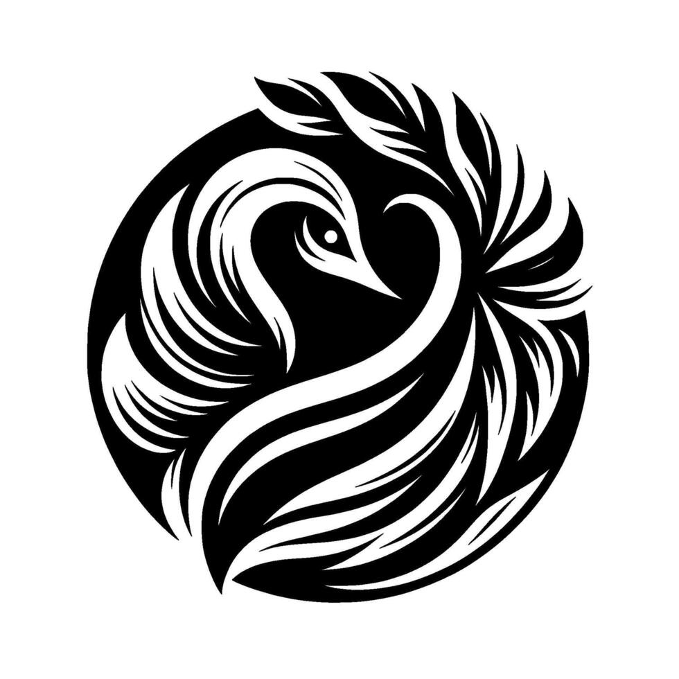 Elegant black and white stylized swan silhouette within a circle, illustrating grace and fluidity with layered featherlike patterns. vector