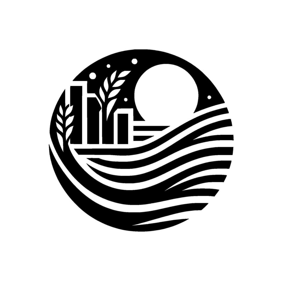 Silhouette emblem abstract urban landscape, agriculture field, and celestial elements merged within a circular frame. vector
