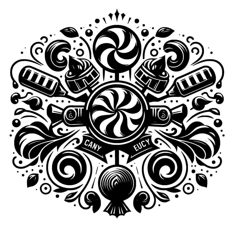 Intricate Black White Candy Medallion, featuring swirling lollipops, sweets, floral scrollwork in a symmetrical . vector