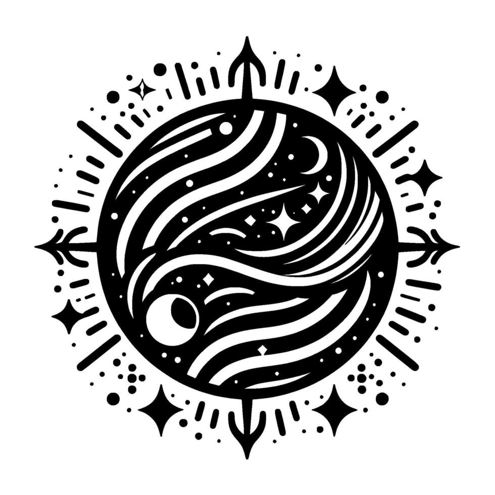 Symbolic Black and White Celestial Mandala Depicting Night Sky with Moon, Stars, and Ornate Cosmic Elements. vector