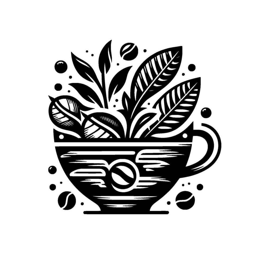 Stylized Black and White Illustration of a Coffee Cup Overflowing with Lush Foliage, Coffee Beans, and Decorative Bubbles. vector