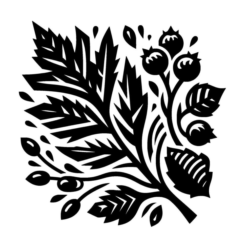 Bold Black and White Illustration of Berries and Leaves, a stylized botanical . vector