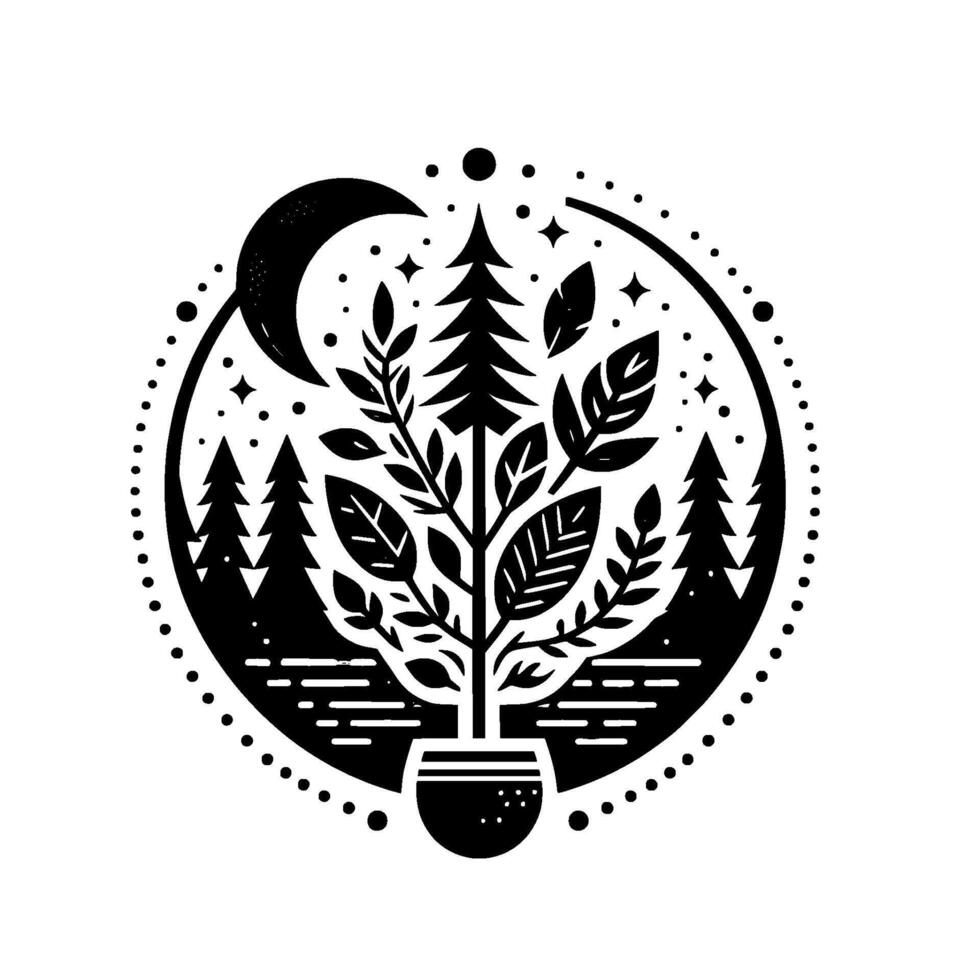 Black White Nature Emblem Potted Plant, Forest, Crescent Moon, and Stars within a Circular Border, Symbolic Minimalist. vector