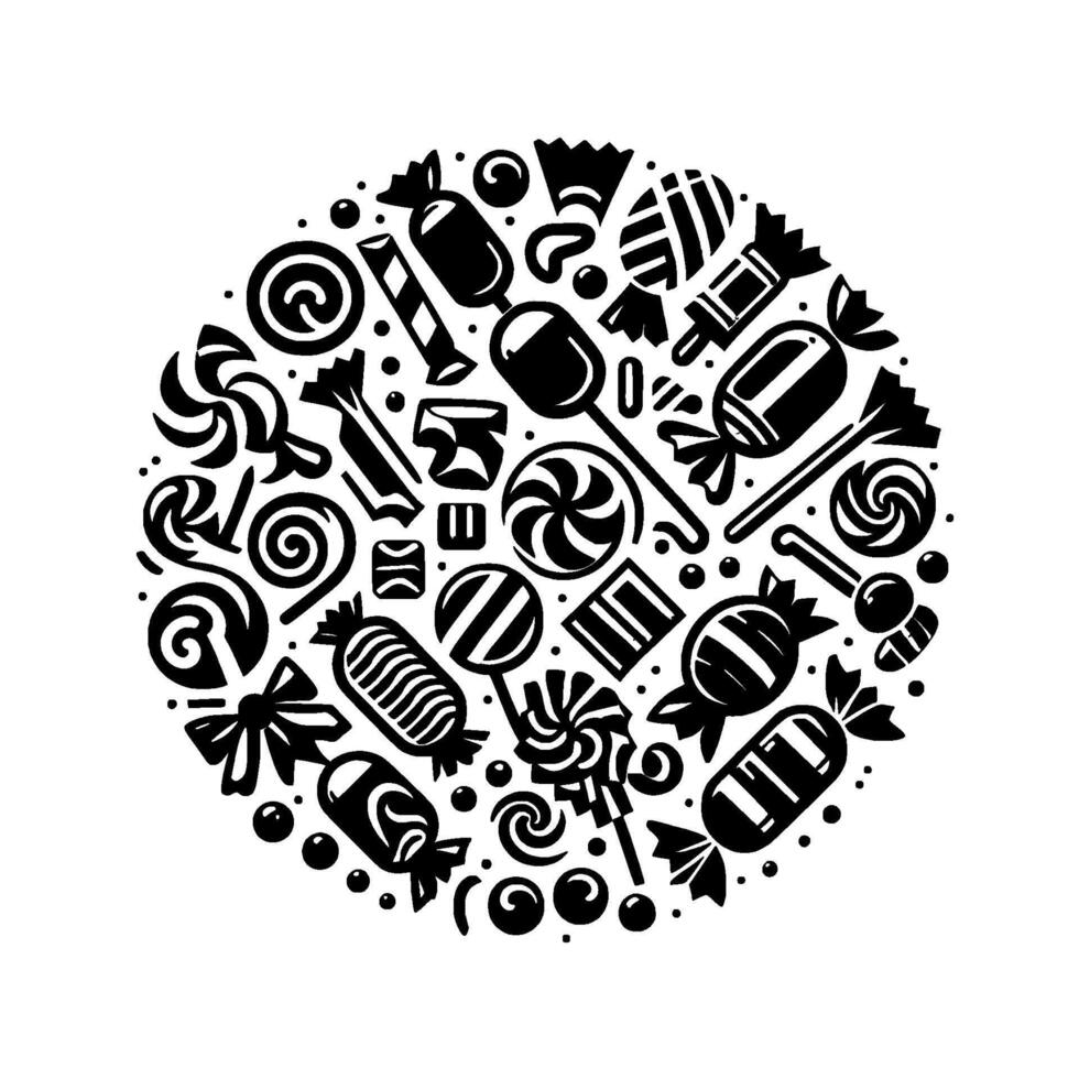 A monochromatic, circular arrangement of various candies and sweets, including lollipops, wrapped candies, and swirls, forming a visually appealing . vector