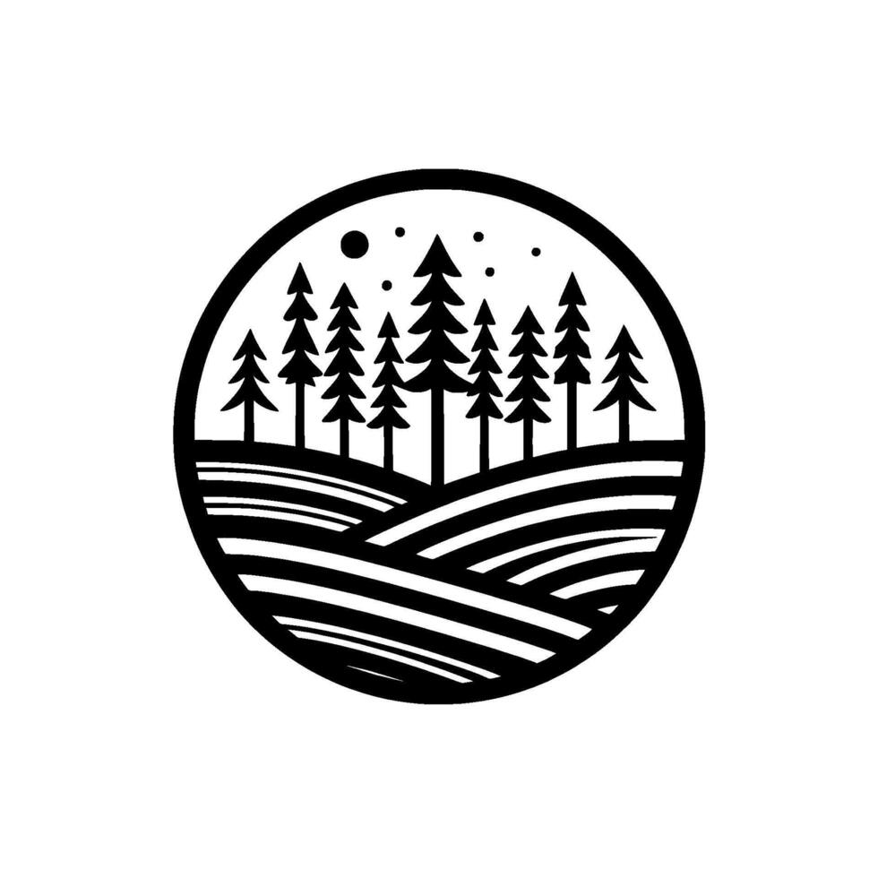 Minimalist monochrome circular depicting a silhouetted pine forest scene atop rolling hills under a starry sky and a single moon. vector