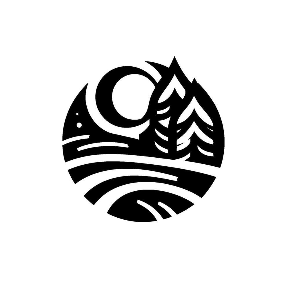 Minimalist Black and White Cut Paper Scene of Mountains, Trees, Moon, and Horizon in a Circle. vector