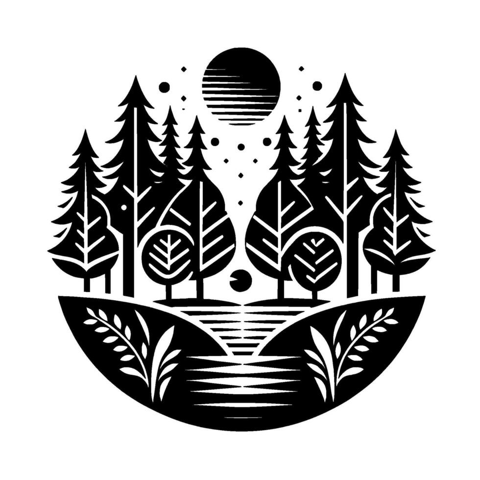 Stylized Black and White Forest Scene with a Striated Sun, Trees, River and Nature Elements in a Circular Composition. vector