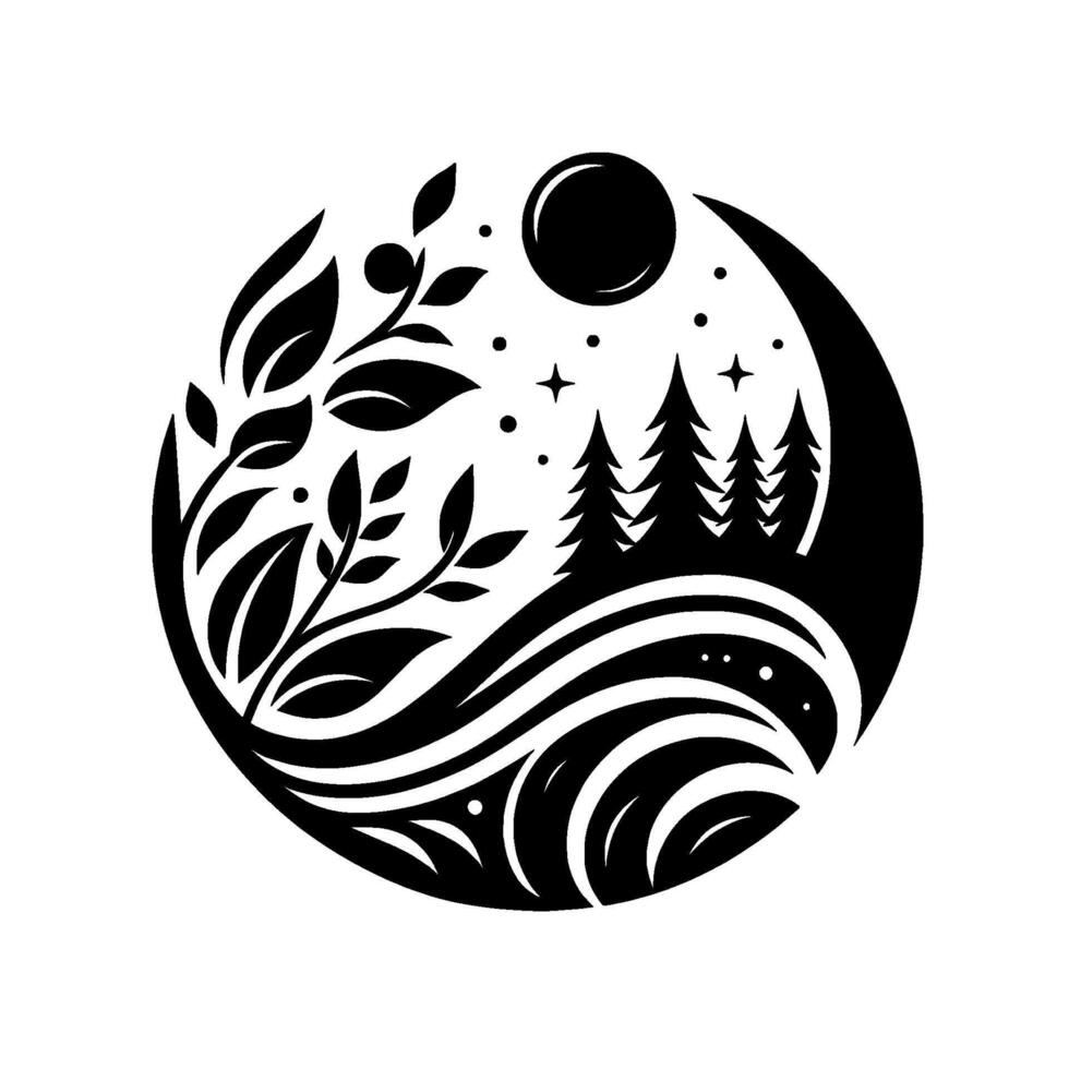 Stylized Black and White Circular Nature Illustration Foliage, Trees, Moon, Stars, Waves, Serene, Minimalist . vector