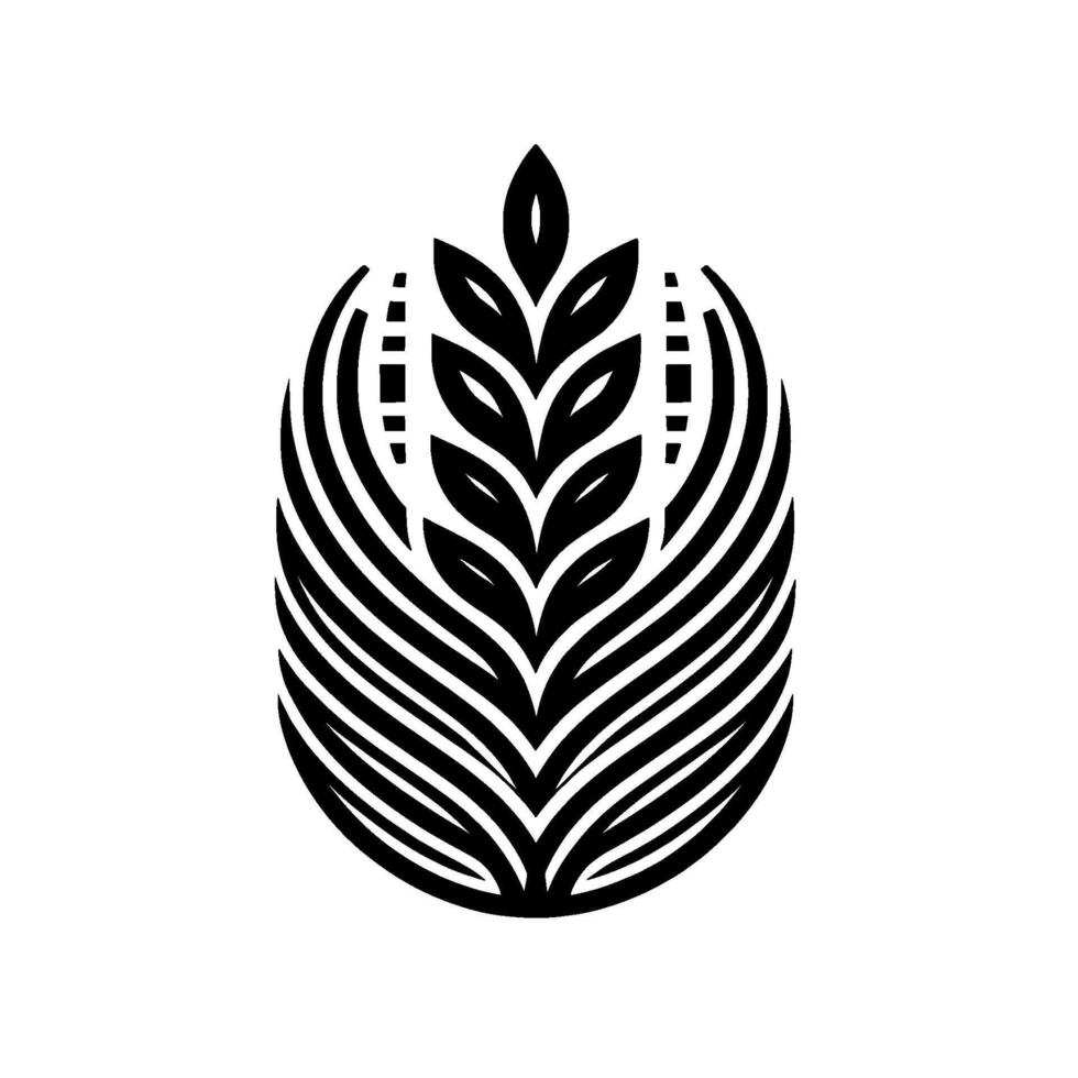 Stylized black and white of a symmetrical wheat or grain ear , contained within an oval shape, evoking themes of growth and agriculture. vector