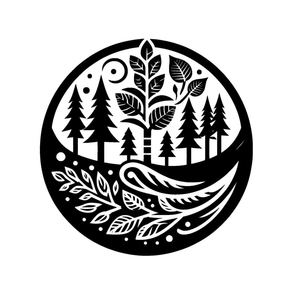 A stylized monochrome nature illustration within a circle, depicting a central tree with surrounding forest elements and ornamental flora in a balanced composition. vector