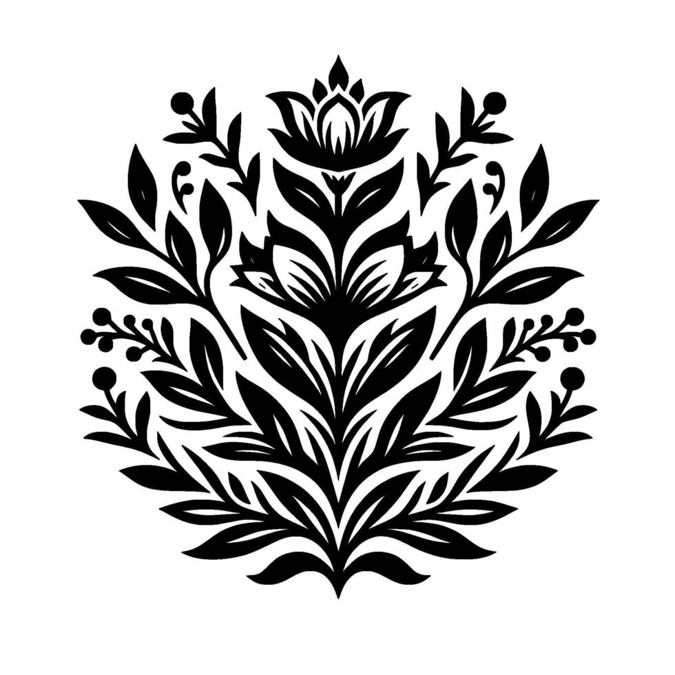 Symmetric Black and White Floral Motif with Leaves, Berries, and a Central Flower on a White Background. vector