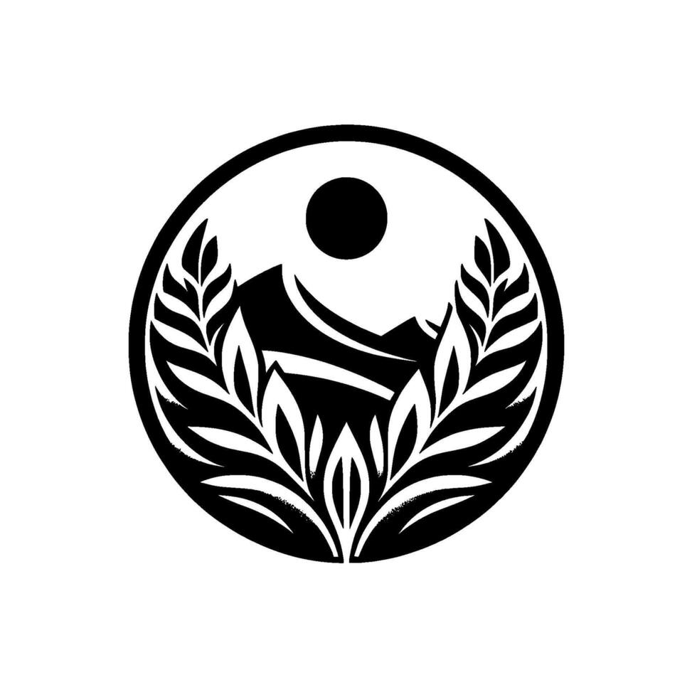 Black and white circular featuring mountain peaks under a sun, framed by symmetrical stylized foliage. vector