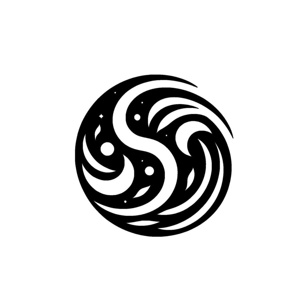 Abstract Black and White Swirl Composition Featuring Crescent Shapes, Stars, and Dots within a Circular Frame vector