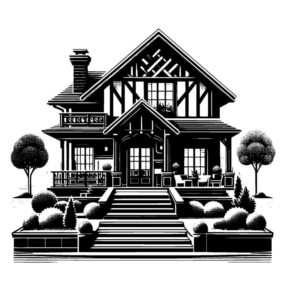 A stately blackandwhite illustration of a classic, twostory house featuring intricate architectural detailing, a grand entrance, and manicured landscaping, showcasing a timeless . vector