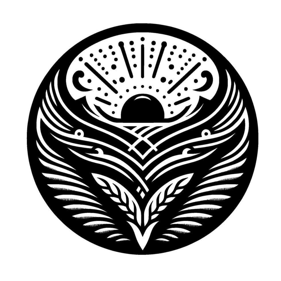 Black and White Circular Emblem Sunburst Above Stylized Wings and Wheat, Symbolizing Harmony and Nature. vector