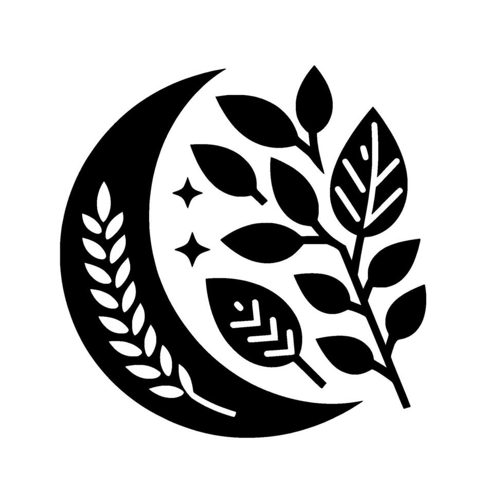 Stylized Black and White Emblem Crescent Moon, Wheat, Stars, and Leafy Sprigs, Composed in an Organic, Symbolic Arrangement. vector