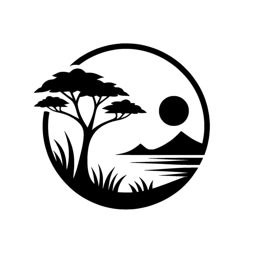 Silhouette of African Savanna Landscape Within a Circle, Featuring Iconic Tree, Mountains, Sun, and Water Elements. vector