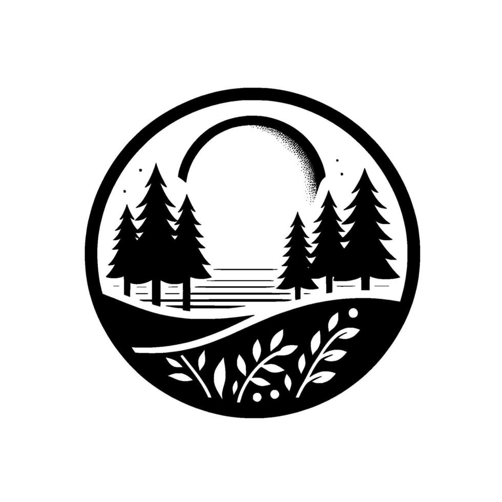 Monochromatic landscape within a circle, featuring silhouetted pine trees, a dotted sunmoon, and floral elements. vector