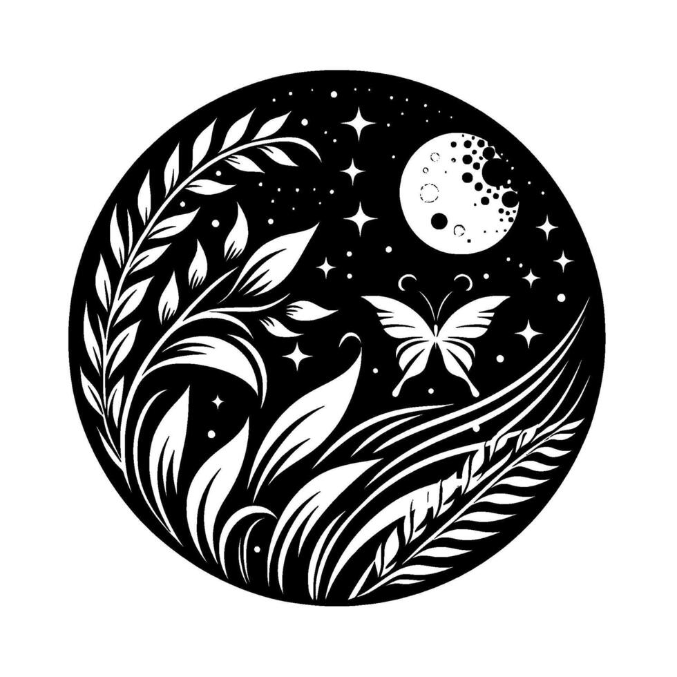 Celestial Night Garden A Black White Circular Featuring a Butterfly, Moon, Stars, and Flora Elements. vector