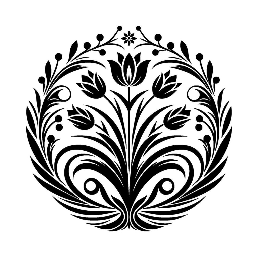 Intricate Black Floral Mandala with Tuliplike Blooms, Berries, and Leafy Embellishments on White Background. vector