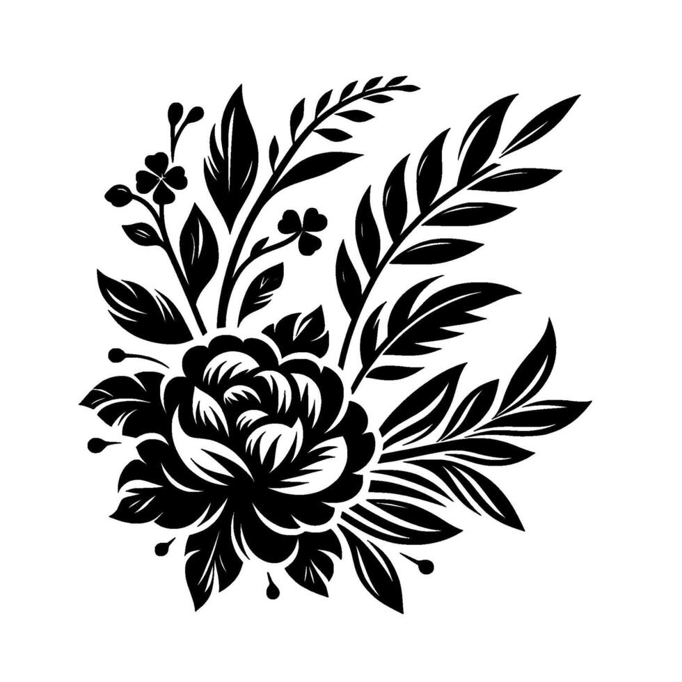 Elegant black and white floral arrangement featuring a central rose, complemented by leaves, clovers, and berries, in a minimalist style. vector