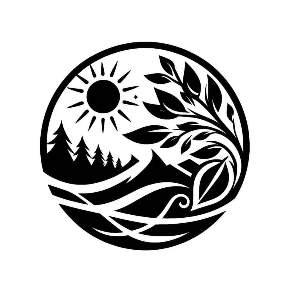 Circular nature with a minimalist , featuring a stylized landscape of mountains, trees, sun, leaves, and flowing lines in bold black and white. vector