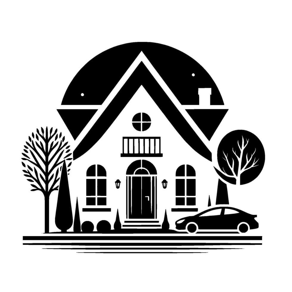 Minimalist Black White House Illustration with Geometric Roof, Trees, Car, and Decorative Elements in a Clean Style. vector