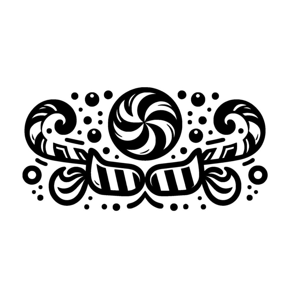 Symmetrical Black and White Swirl Lollipop, Striped Treats, Decorative Swirls, and Dots on White Background. vector