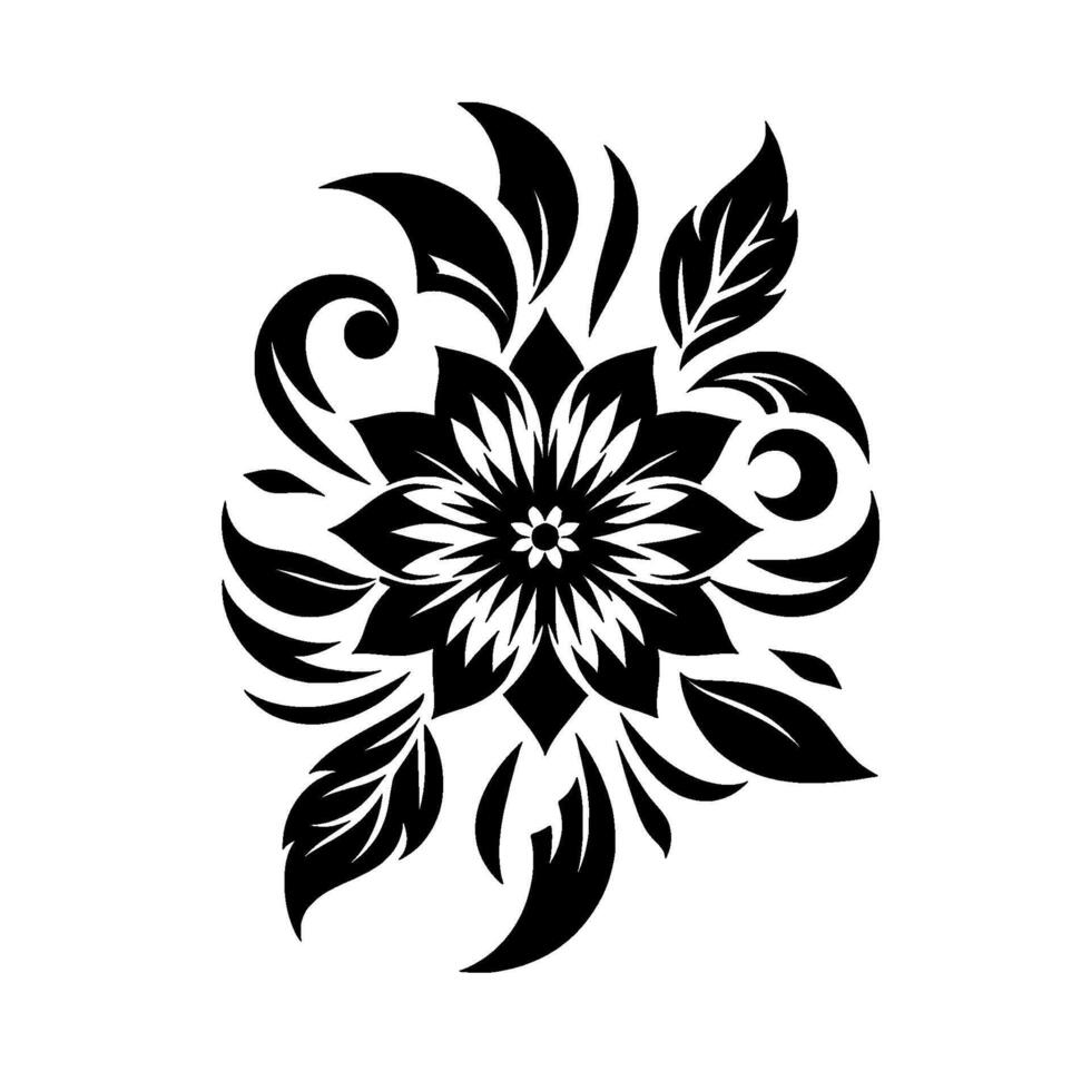 Elegant Black and White Floral Illustration, Featuring Detailed Petals, Leaves, and Ornate Swirls on a Clean White Background. vector