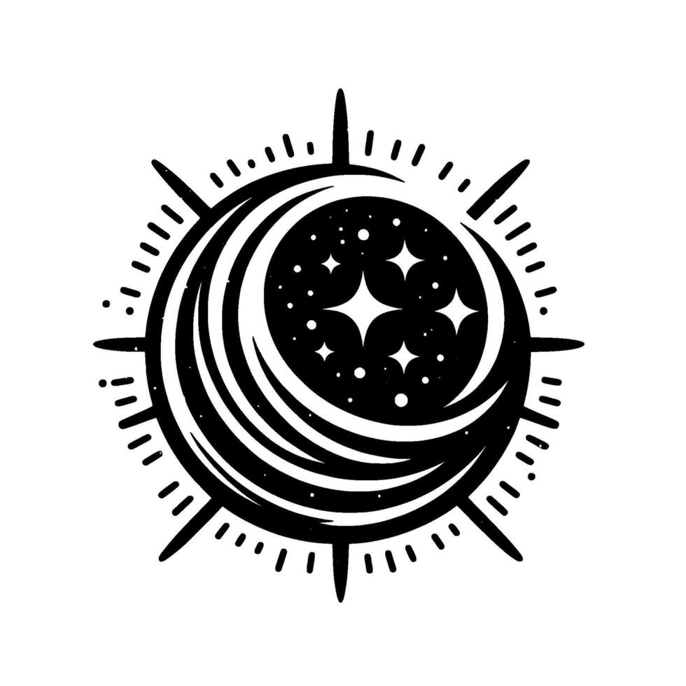 Black and White Stylized Celestial Compass Moon and Starry Night within a Circle, with Radial Lines vector