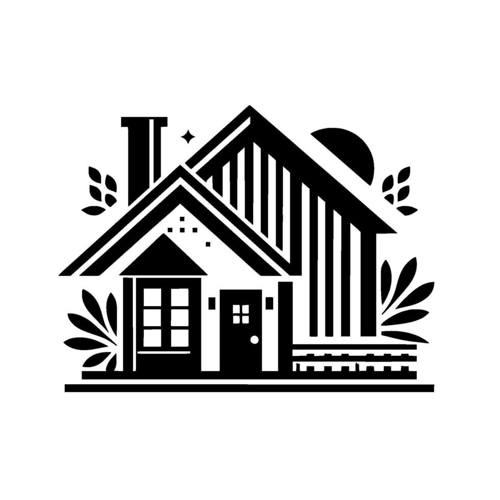 Minimalist Black and White House Illustration with Geometric Shapes, Leaves, and a Celestial Sun vector