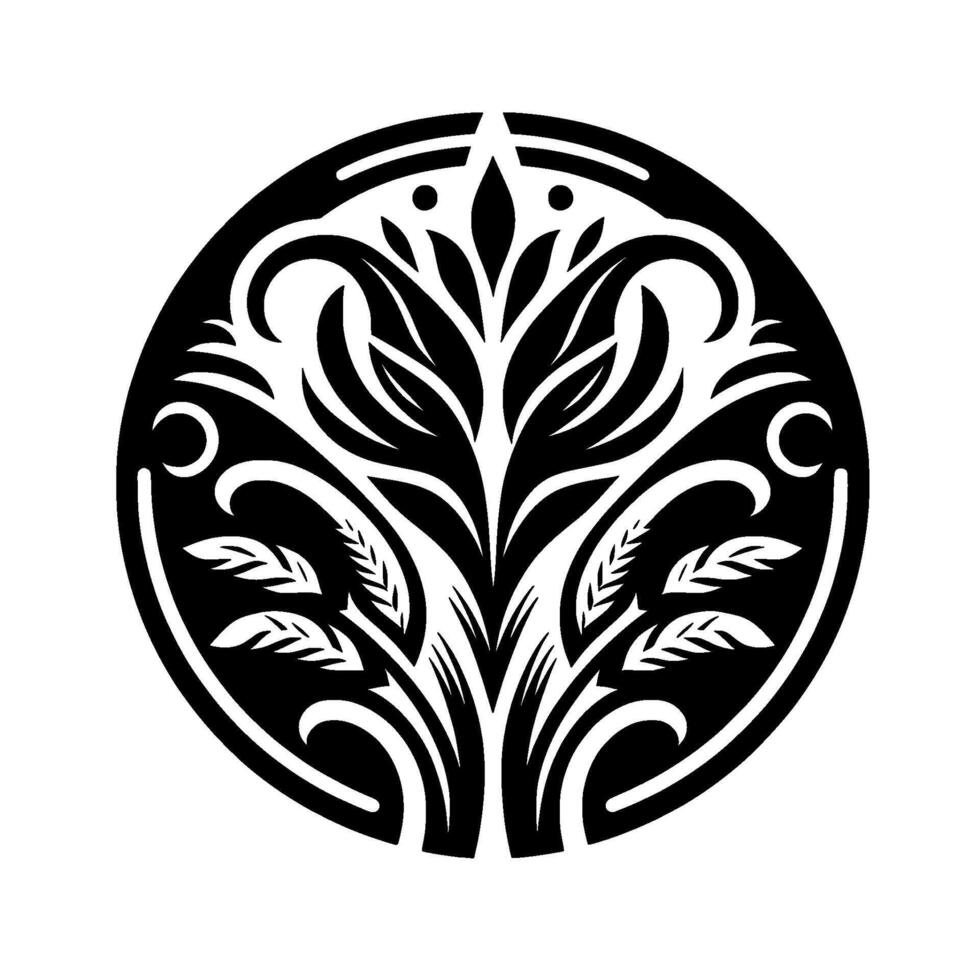 A symmetrical, stylized black and white floral within a circular frame, evoking nature and elegance. vector
