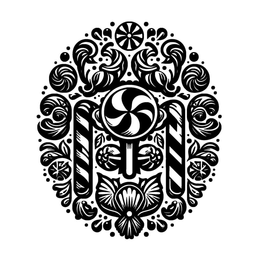 Symmetrical Black and White Candy Composition with Swirl Lollipop, Striped Canes, and Floral Elements in a Circular Pattern. vector