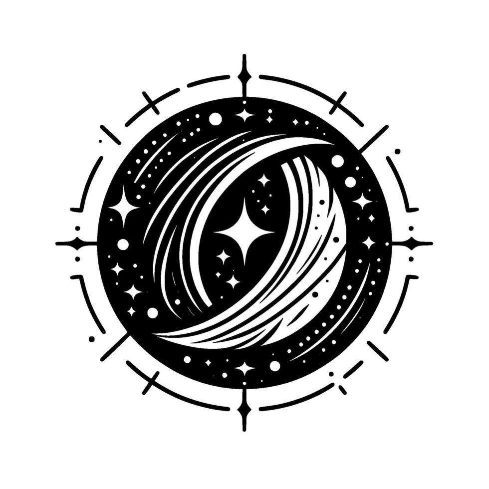Celestial Compass A stylized black and white illustration of a cosmic eye, surrounded by a navigational star chart, evoking a sense of mystery. vector