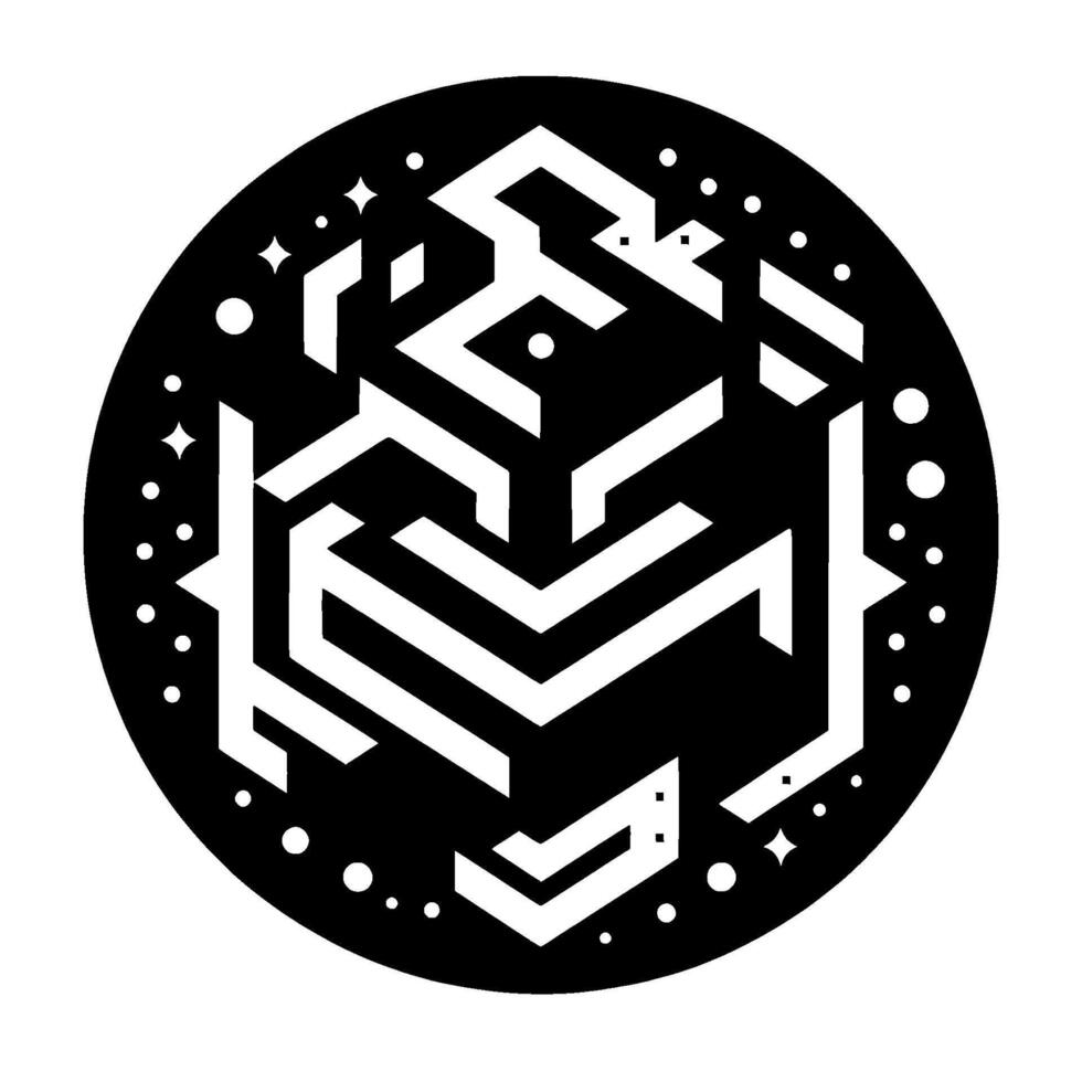 Geometric Black and White Isometric Cuboid within a Circle, Featuring Starry Outer Rim and D Perspective, Abstract Art. vector