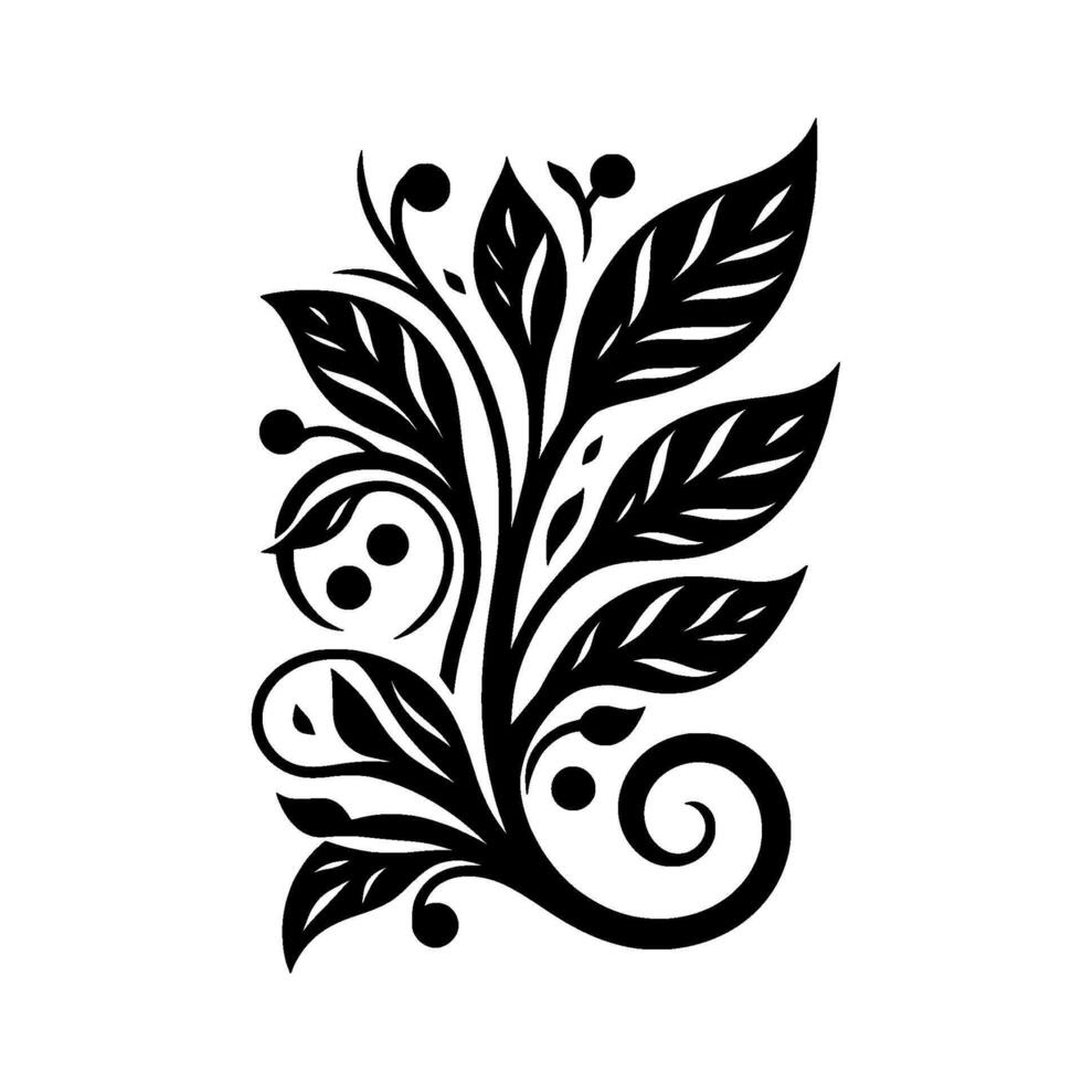 Bold Black and White Floral Illustration Featuring Leaves, Berries, and Swirls, Isolated on White. vector
