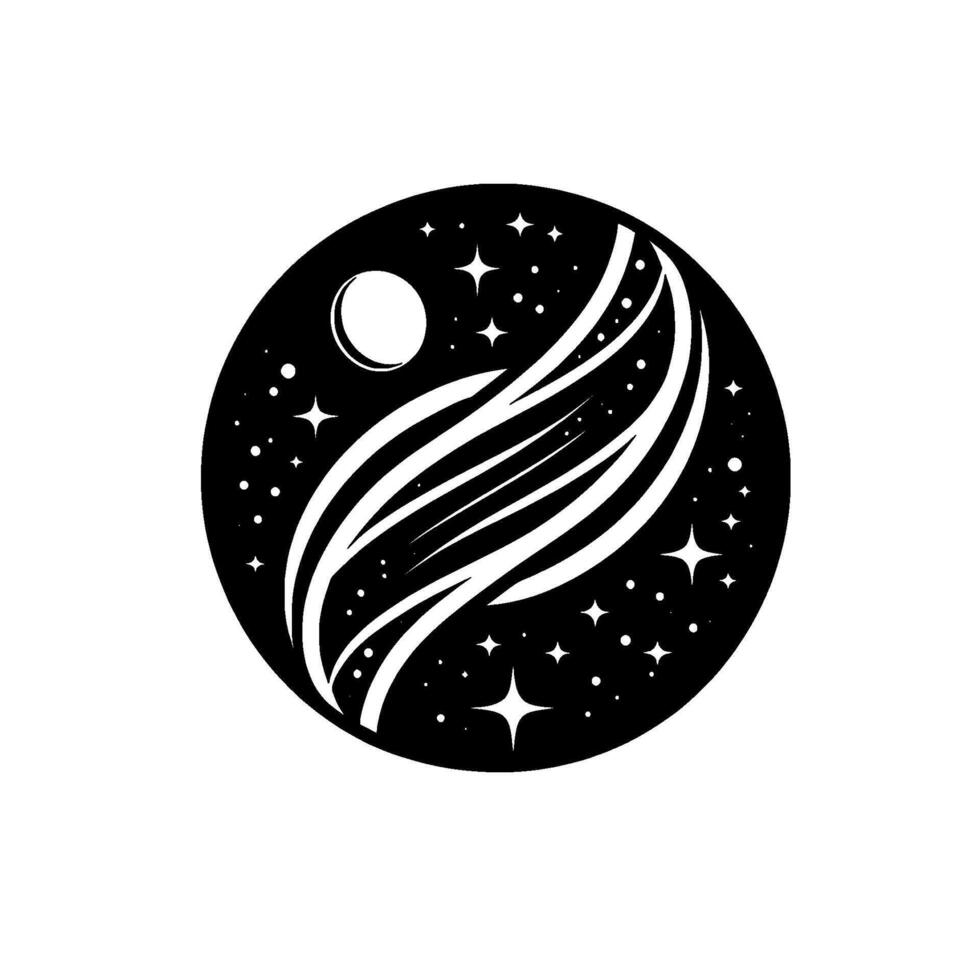 Black and White Circular Moon, Stars, and Flowing White Lines Suggesting Celestial Movement within a Cosmic Sphere. vector