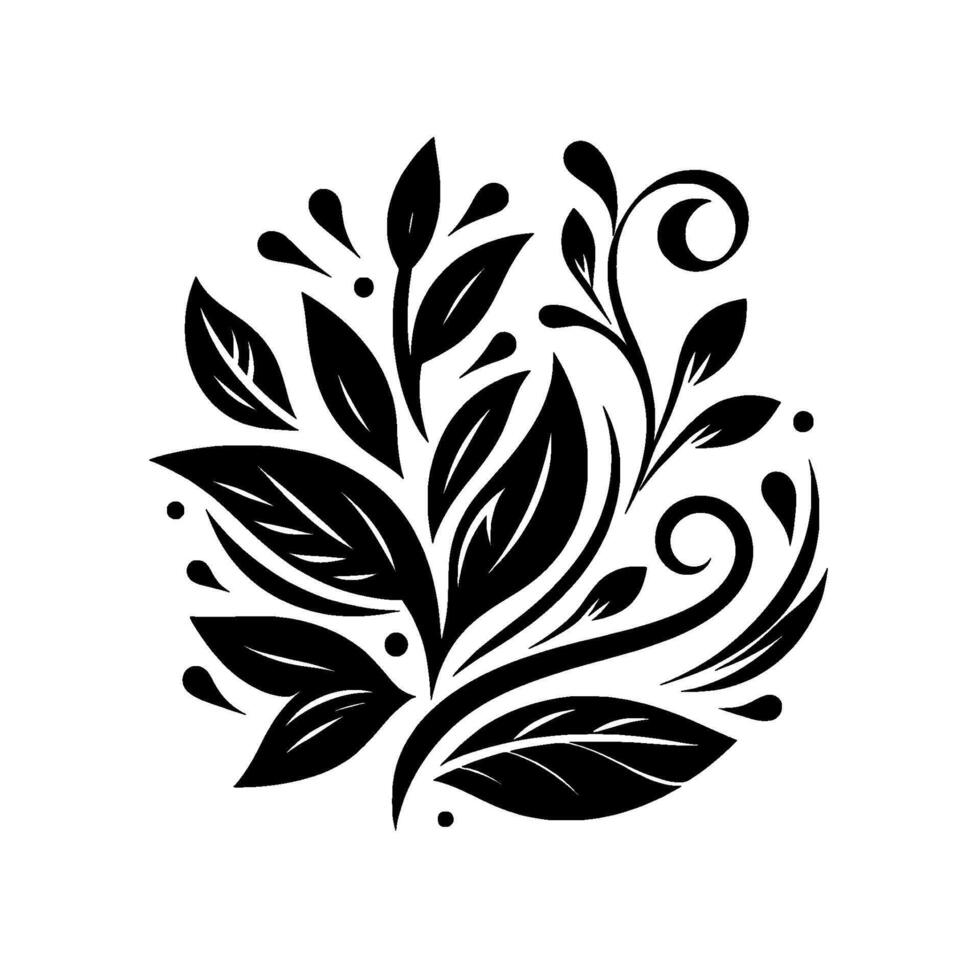 Elegant Black and White Floral Illustration Featuring Leaves, Swirls, and Decorative Elements in Symmetrical Arrangement. vector